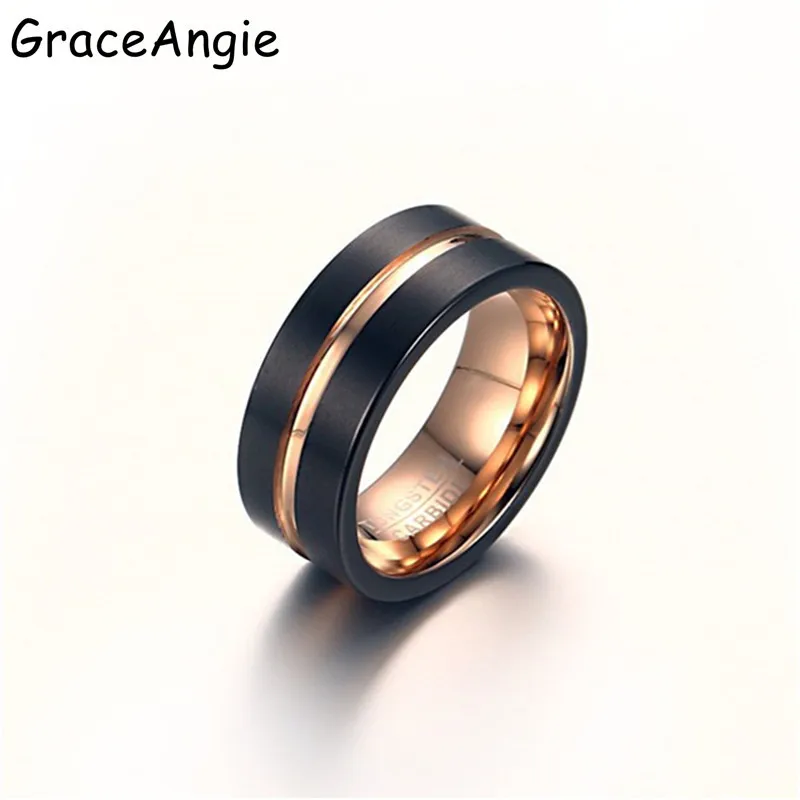

GraceAngie Top Male Black and rose gold Tungsten steel Ring Wedding Band 8MM Tungsten Carbide Rings for Men Jewelry Dropshipping