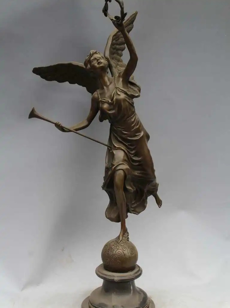

25"Western Art sculpture Bronze Marble Stand Earth Angell Bell horn Statue
