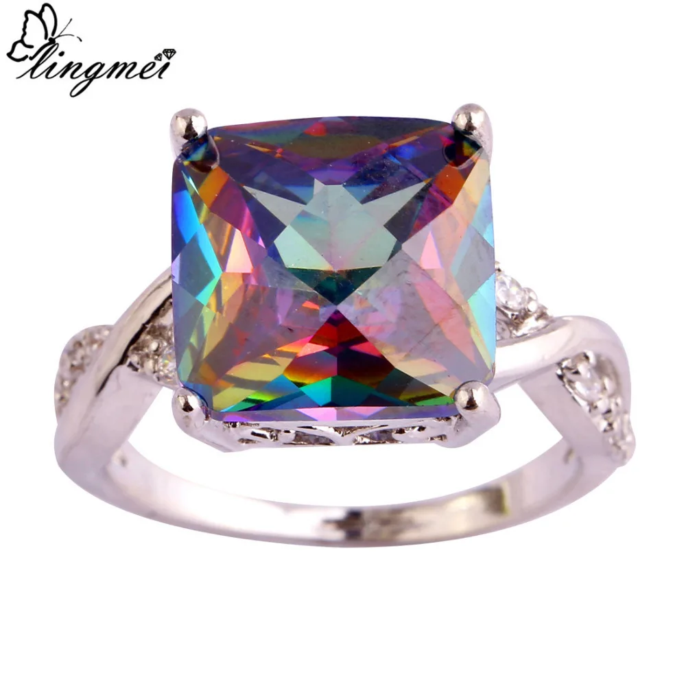 lingmei Mystic Rainbow White CZ Silver Color Ring Size 6 7 8 9 10 Fashion Jewelry Women Men Rings Free Shipping Wholesale