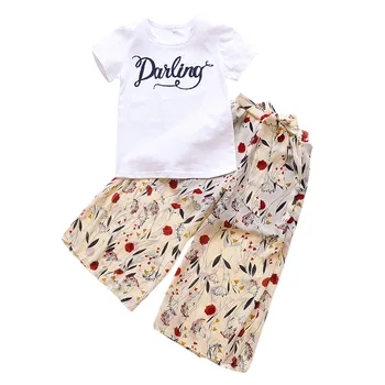 

Girls Summer Cotton Fashion Clothing Sets Kids Short Sleeve Letter Print Tops + Chiffon Pants 2 Pcs Baby Casual Outfits AA11741