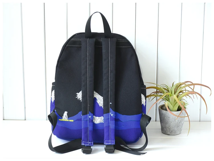 Moon Wood Original Design Black Blue Print Sea Moon Backpack Women Casual Canvas Backpack School Bags For Teenager Girls Sac