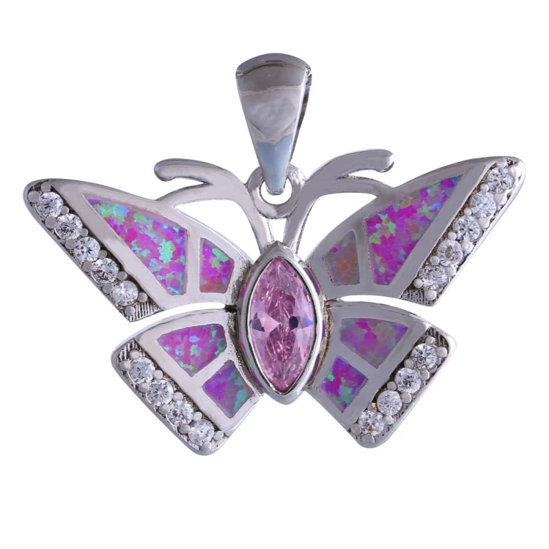 

High quality suppliers 925 sterling silver jewelry butterfly Pink Stone Pink Fire Opal pendant for women P182