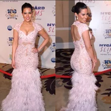 Роскошь Сексуальный Розовый Русалка Бисером Шнурок с Перьями Платья знаменитостей платье Вечернее Платье халат де вечер платье-де-феста