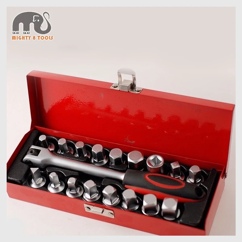 

18pc 3/8" Dr. Cr-V Oil Drain Sump Plug Key Socket Bits Set: Hex Square Triangle