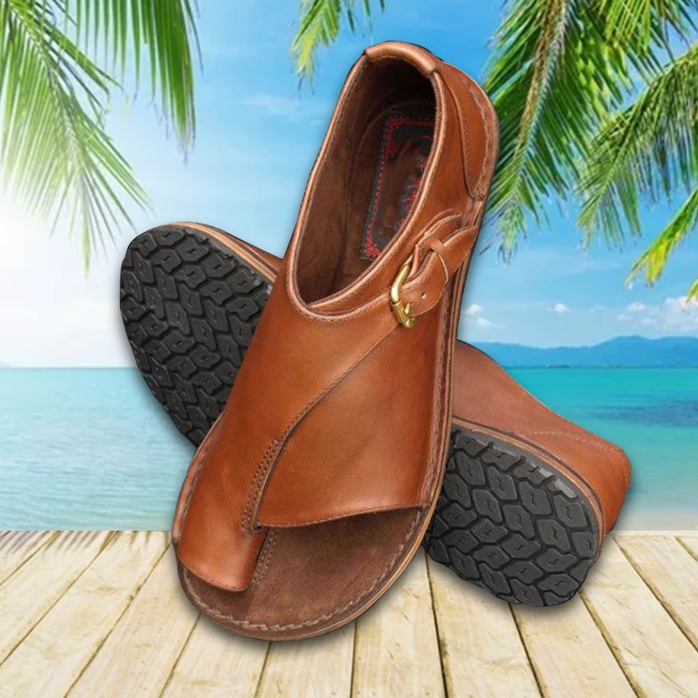 

Soft Sole Summer Wearable Buckle Closure Antiskid Casual Clip Toe Women Sandals PU Retro Solid Color Daily Flat Lightweight