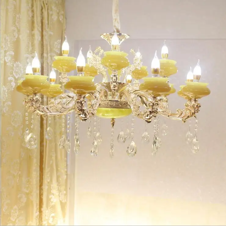 

Gold Zinc Alloy Simulated Jade LED Crystal Chandeliers Lighting Fixtures With 6/8/10/12/15 Arms For Home Lighting