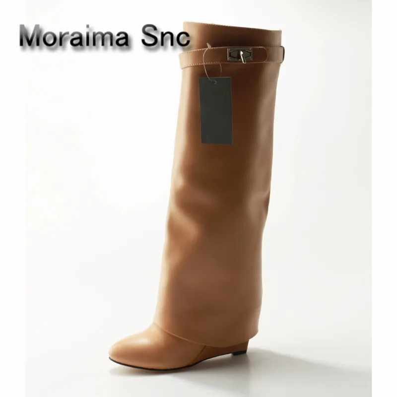 

Moraima Snc Brown Women Boots Sexy Leather Design Shoes Over the Knee Boots Sexy Hidden Heel Boot Metal Platform Woman Shoes