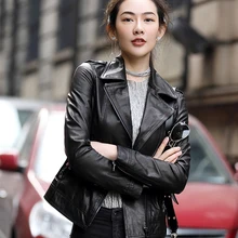5XL Демисезонный короткие Для женщин куртка из Натуральной Кожи Мотоциклетные Стиль отложным воротником из овечьей кожи женский пиджак G07