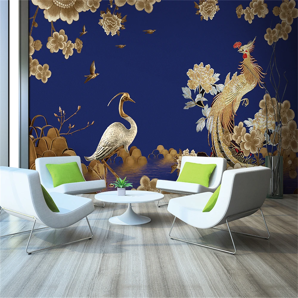 

Decoration Textile wallpaper New Chinese oil painting style beautiful Phoenix white crane TV background wall
