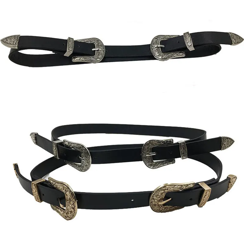 Boho Lady Vintage Metal Leather Double Buckle Waist Belt Waistband belts for Women Fashion Accessory 40FE0209