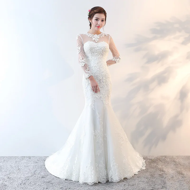 Vivian's Bridal 2018 корейский стиль белое свадебное платье Русалка Иллюзия Кружева