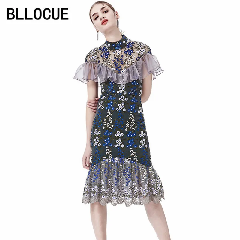 

BLLOCUE New Arrival 2018 Spring Runway Flower Patchwork Embroidery Ruffles Slim Women Dress