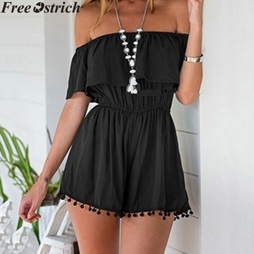 

Summer Women short jumpsuit with a word shoulder tassel solid color plus size fashion jumpsuit Ladies casual high waist romper