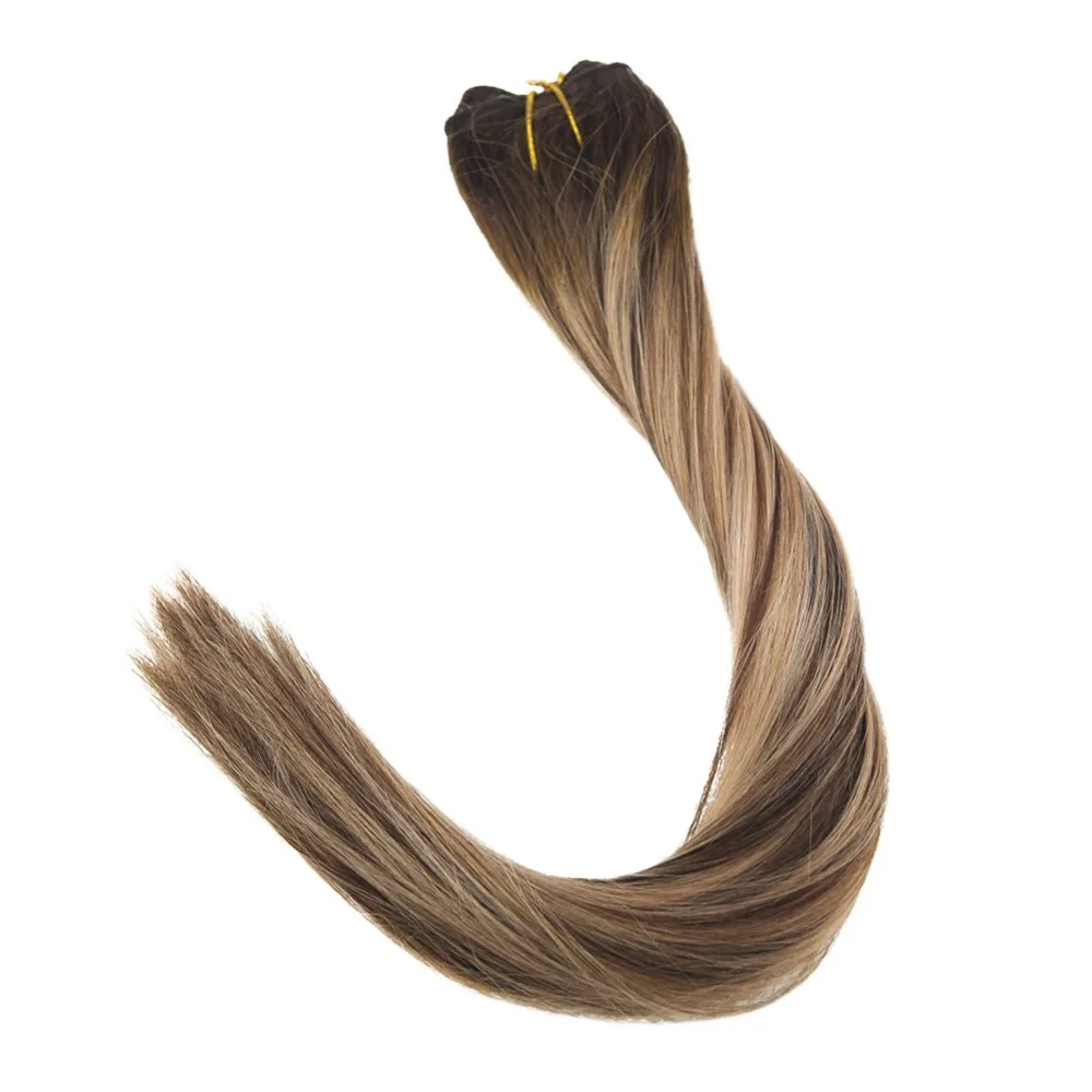 

Full Shine Fish line Hair Extensions Color #4/27/4 Balayage Hair Bundles One Piece 100% Remy Extension