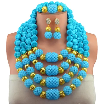 

Lake Blue Costume Jewelry Set Nigerian Wedding African Beads Set Crystal Braid Pendant Necklace Set Free Shipping 10094