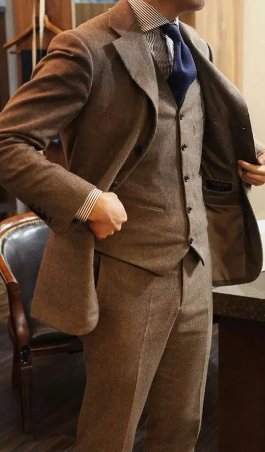 Новейший дизайн пальто брюки коричневый твидовый Мужской Костюм приталенный облегающий 3 предмета смокинг на заказ Жених Выпускной Блейзер стильные мужские костюмы