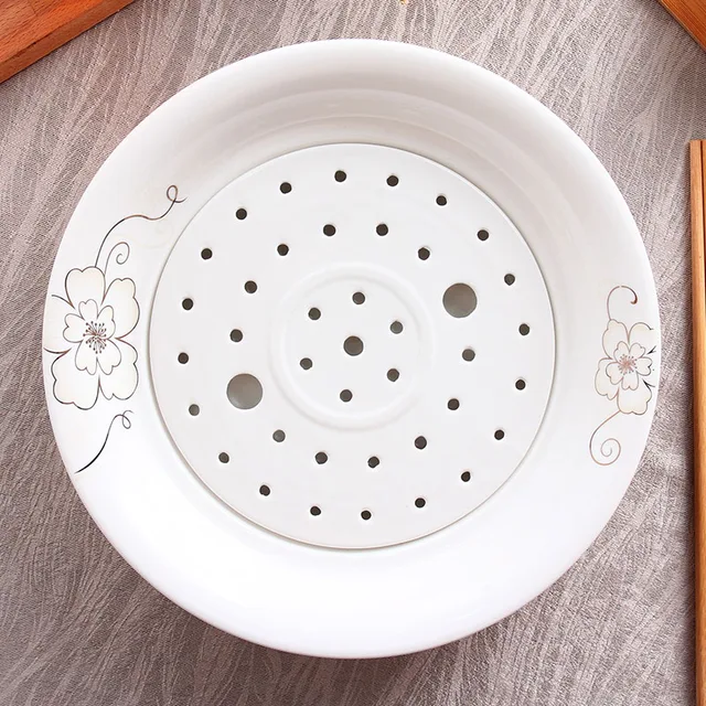 Double ceramic 10 inches round drop dumplings Plate Steaming plate food