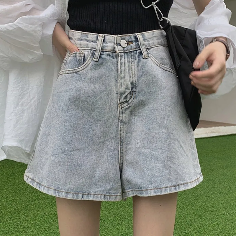 Корейские летние женские шорты А-силуэта Широкие джинсовые шорты женские повседневные винтажные минимализм Высокая Талия Короткие джинсы женская одежда - Цвет: light blue