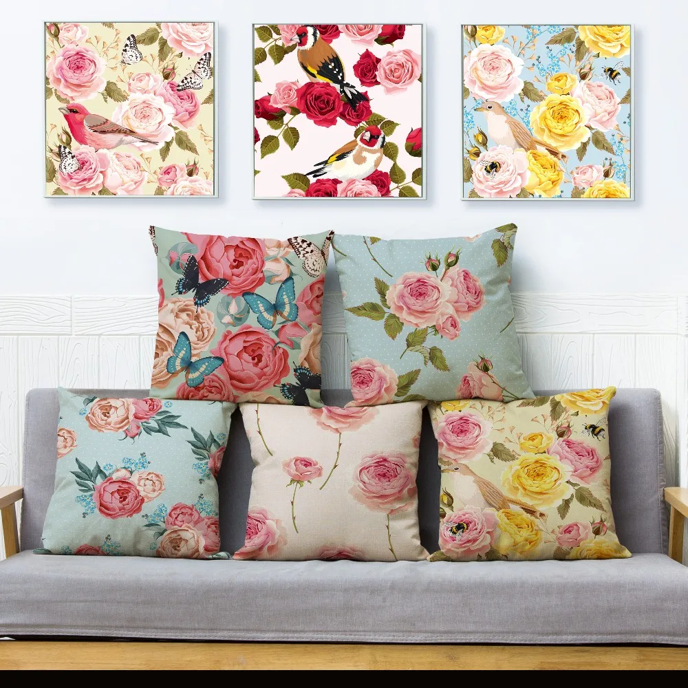 

Nordic Simple style Pink Rose Flower Bird Linen Plant Pillow Case 45x45cm Cartoon Floral Printed Cushion Cover Decor Pillowcases