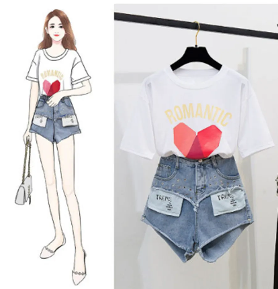 

2019 New Summer Womens Runway Clothes Suit Short Sleeve Print Letter heart T-Shirt Tops + Denim Shorts Hot Pants Sets Femininos