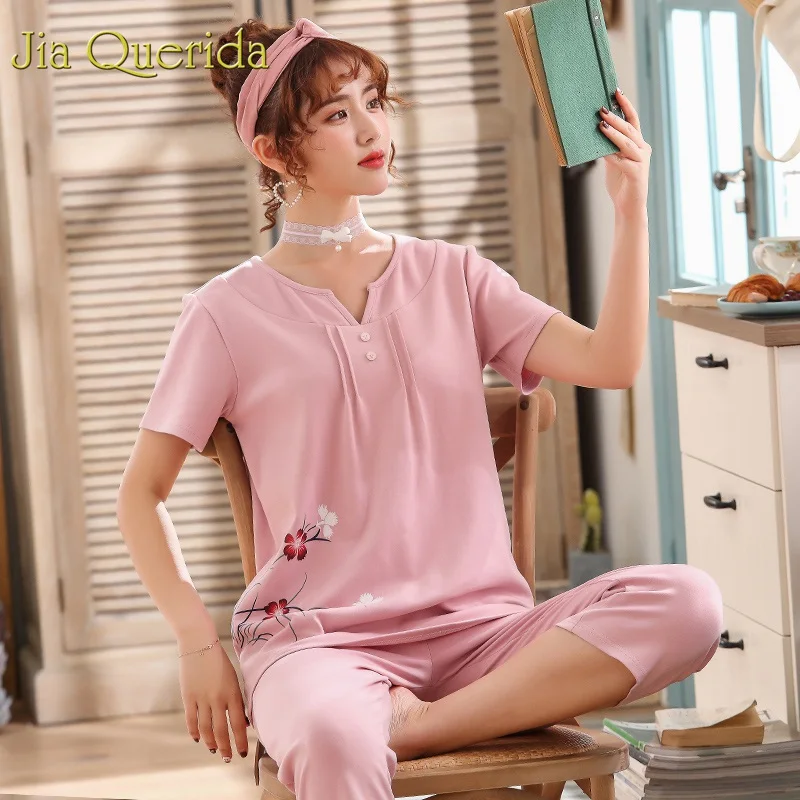 

Cute Women Pajamas Set 2019 Summer Cotton Plus Size Pyjamas Women Solid Pink Floral Printing Chic V-collar Pajama Shorts Pj Set
