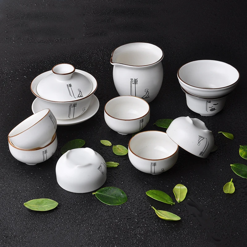 Zen Ceremony Handpaint Drinkware Chinese White Porcelain Tea Set Gaiwan