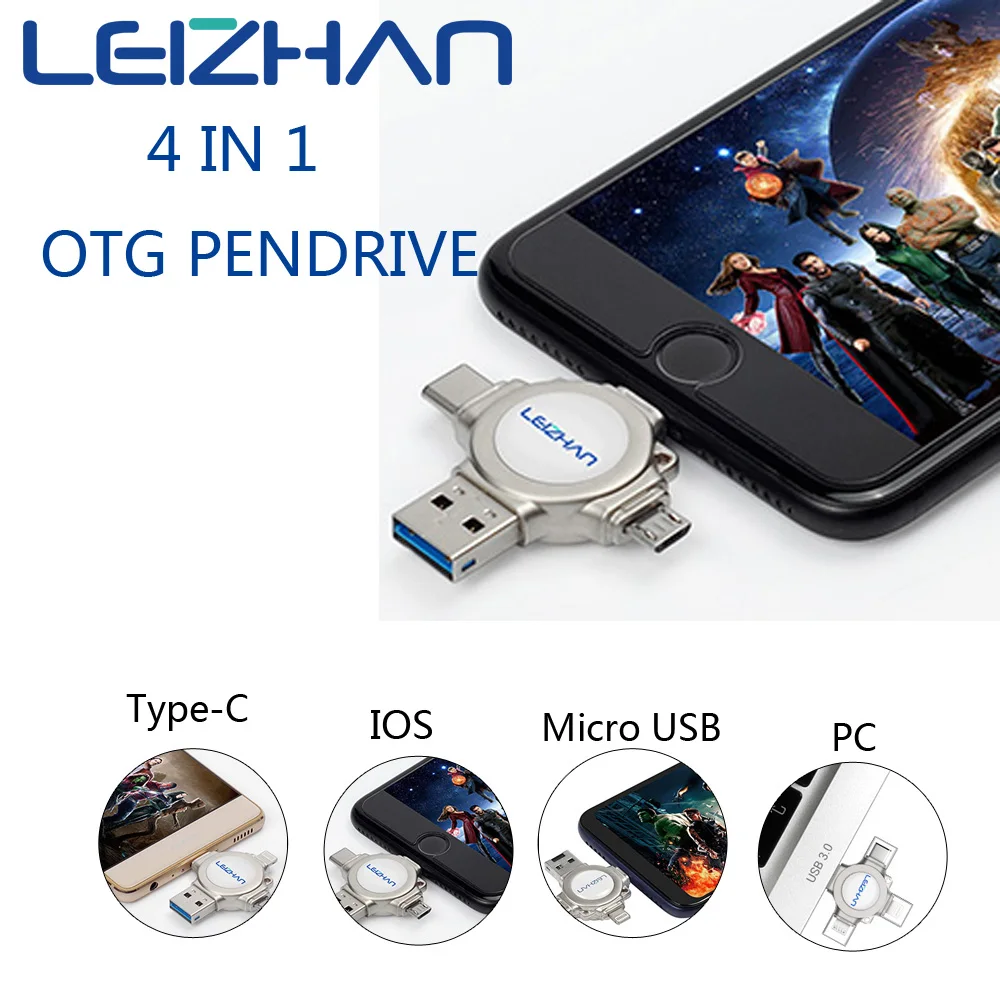 LEIZHAN 4 в 1 OTG USB флеш накопитель для iphone 3 0 Type C Флешка 16 ГБ 32 64 128 фотофлешка Micro Thumb