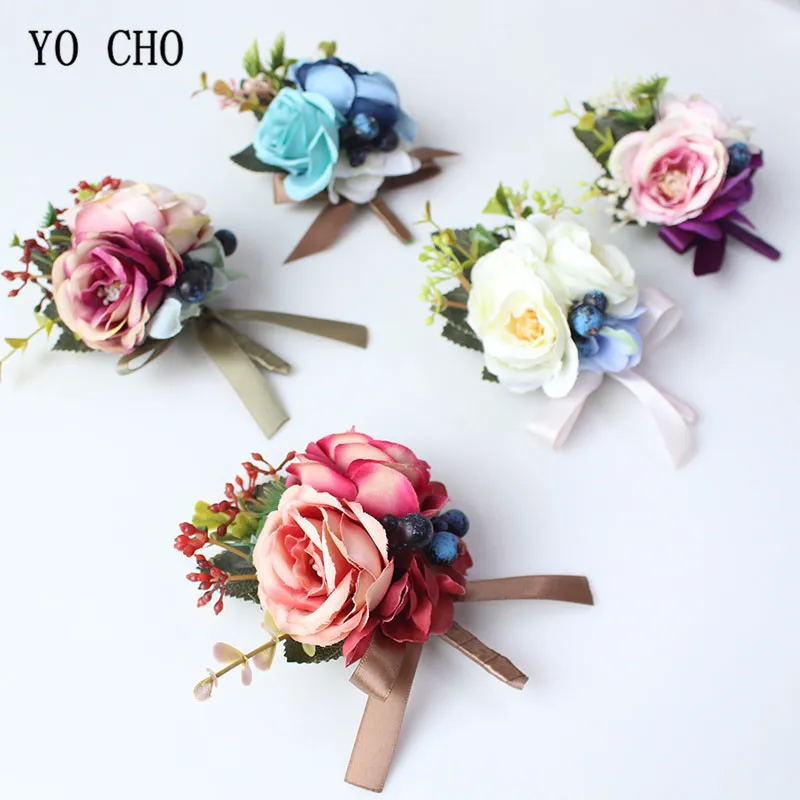 

YO CHO Silk Roses Wedding Wrist Corsages Boutonnieres Flowers White Bridal Hand Flowers Groom Button Decor Man Marriage Supplies