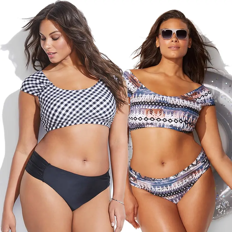 

2018 Plaid/Retro Print Women Swimsuit Short Sleeve Large Swimwear Plus Size XL XXL XXXL Women's Bikini set Vintage Big Biquini