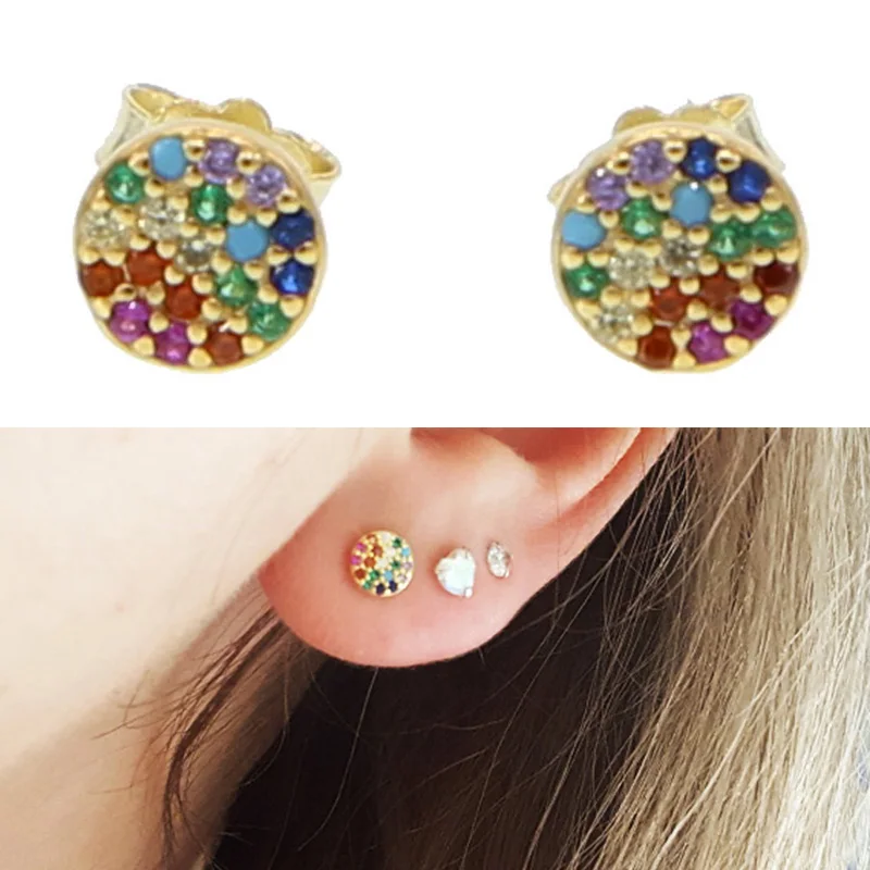

2019 Fine 925 sterling silver dainty delicate round charm small dots multi color gold round rainbow cz stud earring for women