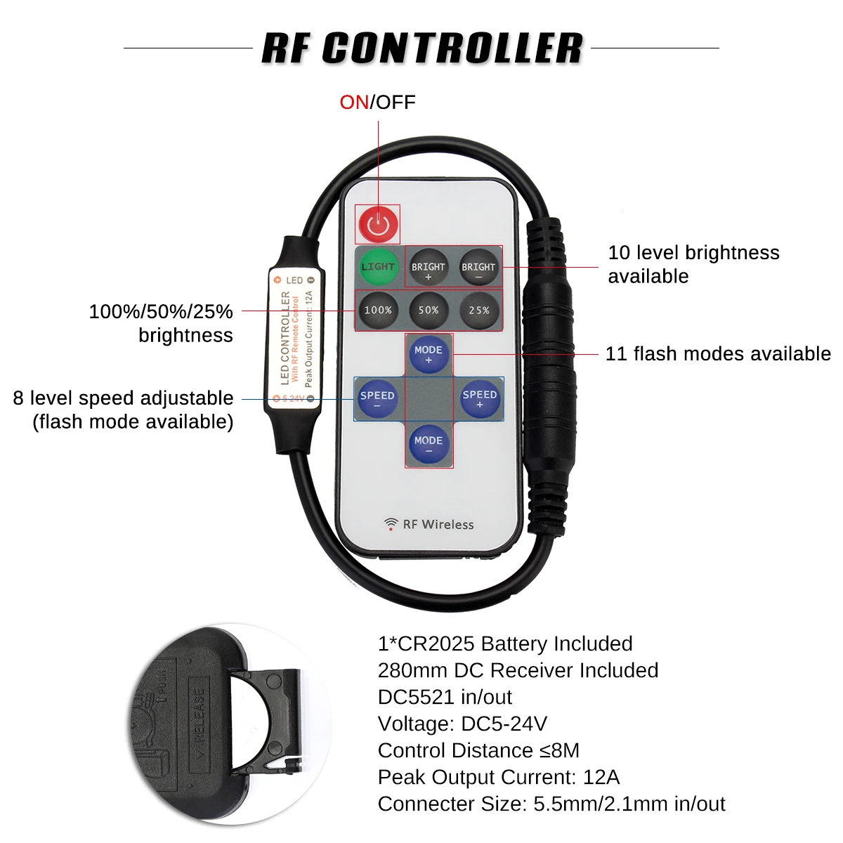 Кухня свет Мощность диммер rf Беспроводной LED контроллер для под кабинет Освещение огни DC5521