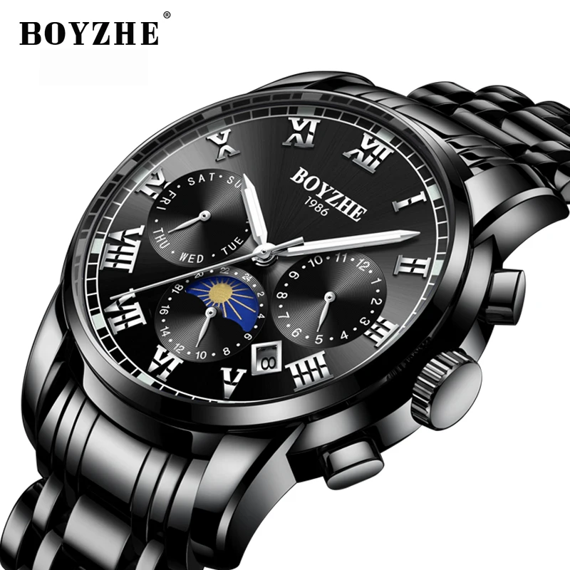 

BOYZHE Black Automatic Watch Men Moon Phase Mens Mechanical Watches Stainless Steel Waterproof Wristwatch Clock kol saati 2018