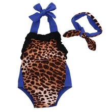 Newborn Toddler Baby Girls Leopard Backless Bodysuit Jumpsuit Headband Outfits Clothes