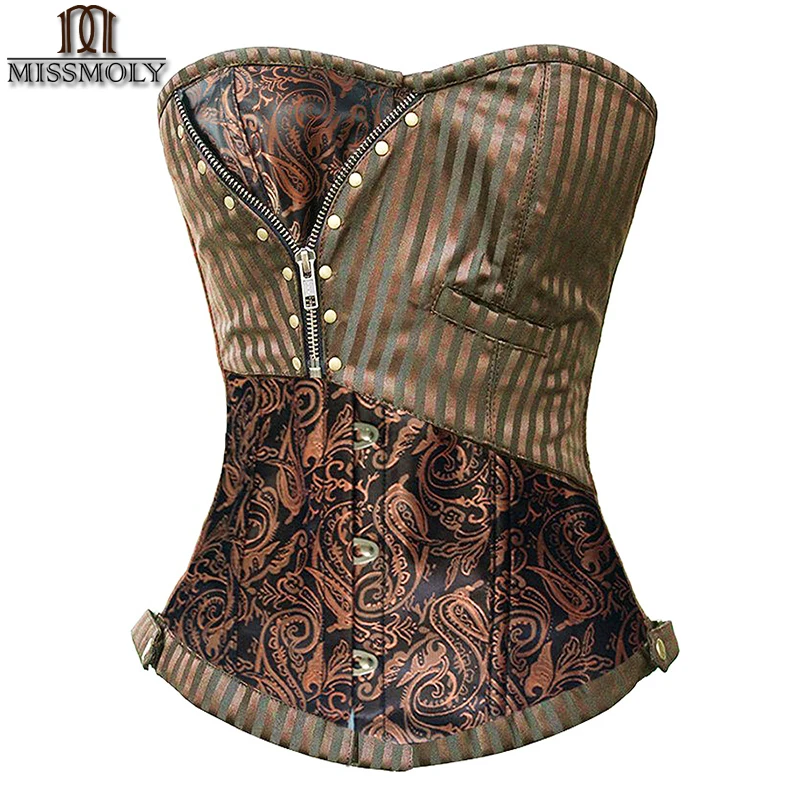

Miss Moly Sexy Corsets and bustiers Steampunk Corset Waist Trainer Gothic Clothing Corselet Brocade Zip Patchwork S-2XL