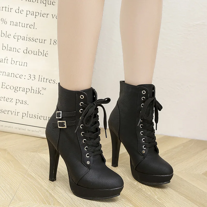 Newest Platform Women's Boots British Style Cross Straps Female Martin Boots Fashion Thin High Heel Shoes Belt Buckle Pumps