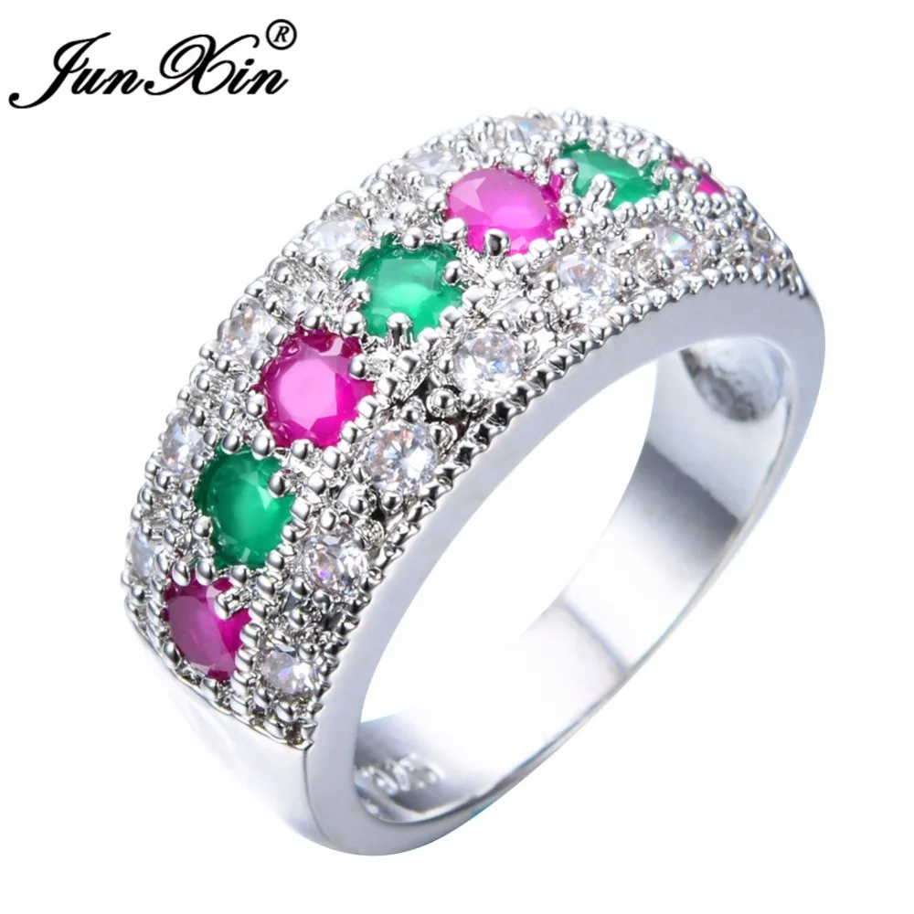 

JUNXIN Luxury Female Green & Hot Pink Zircon Ring 925 Sterling Silver Filled Jewelry Vintage Wedding Engagement Rings For Women