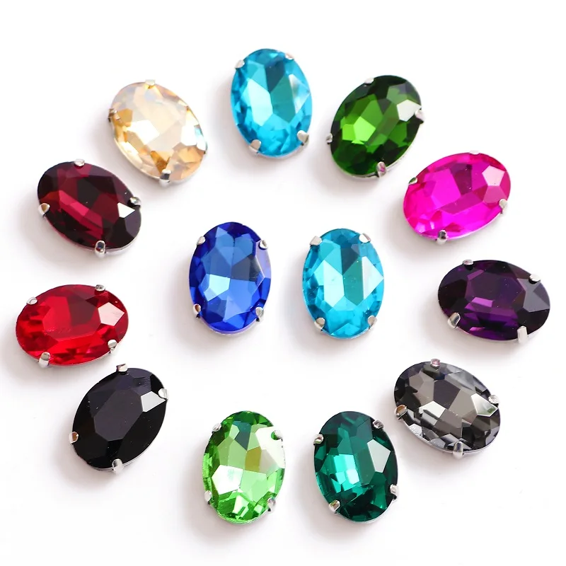 

Oval shape Glass Sew-on Rhinestones with Silver Claw Handcrafts strass beads garments shoes bag diy