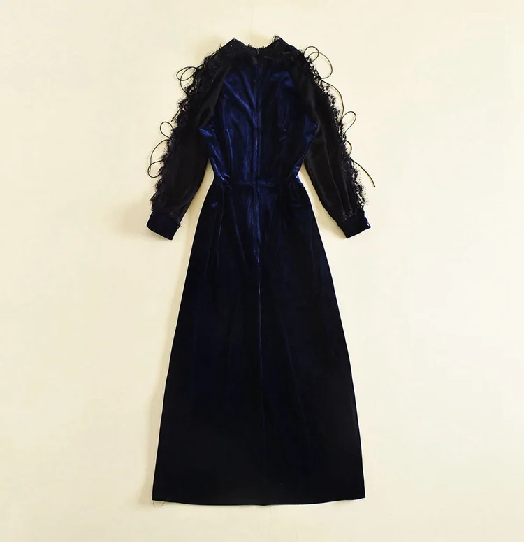 Весеннее женское роскошное Королевское синее винтажное бархатное подиумное платье без бретелек с сетчатыми рукавами вечерние длинные велюровые платья