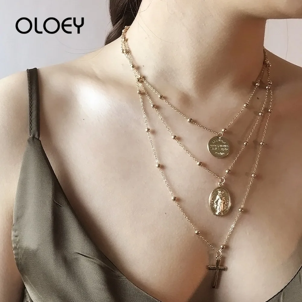 

OLOEY 2019 Women's Necklaces Retro Bohomian Geometric Metal Multilayer Necklace Fashion Jewelry Cross Pendants Chokers Gifts