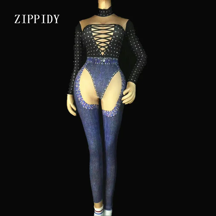 

Sexy Jeans Printed Jumpsuit Photo Shoot Outfit Stage Dance Stretch Bodysuit One-piece Costume Female Singer Performance Leggings