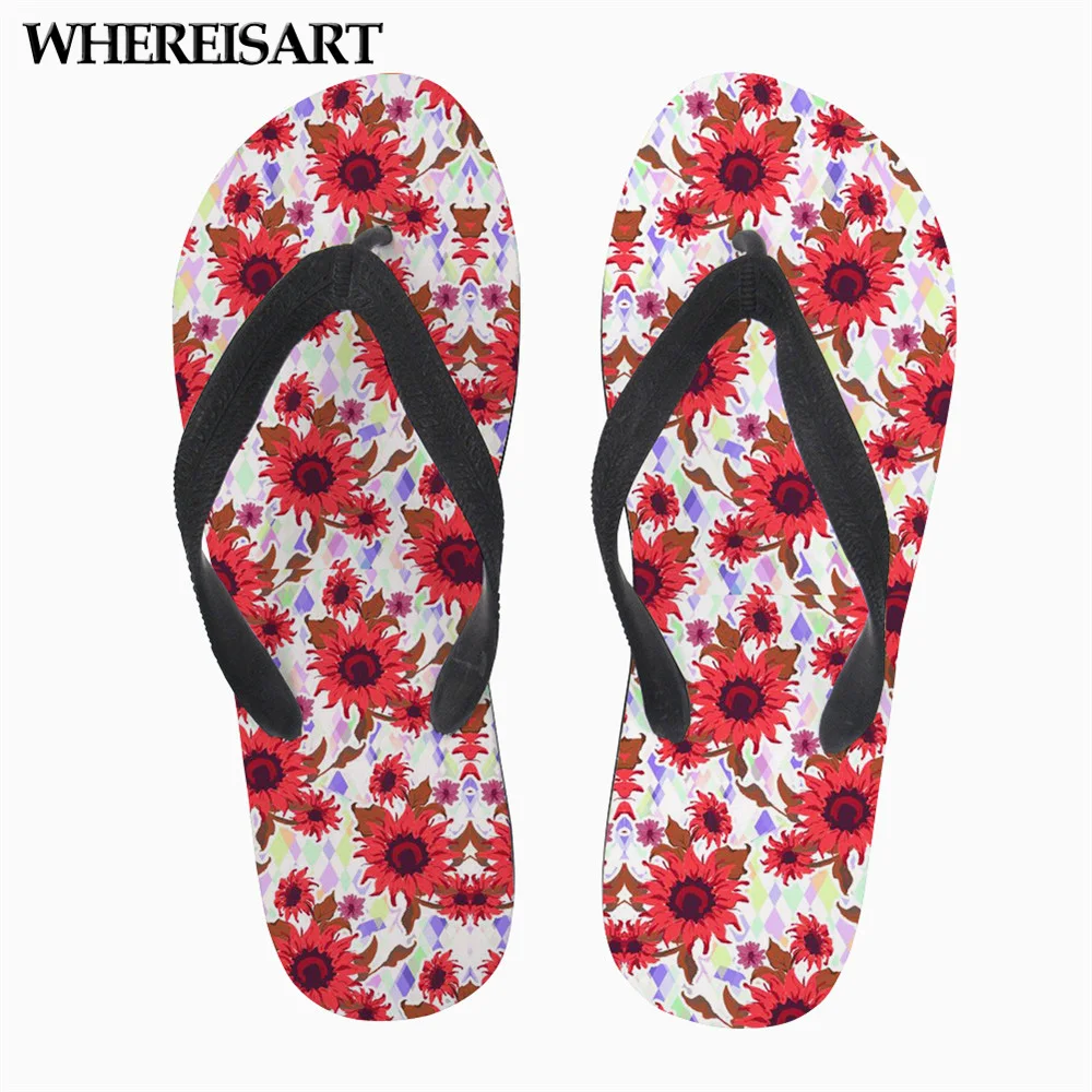 

WHEREISART Floral Style Teen Girls Casual Flip Flops Summer Flower Sunflower Printing Women Beach/House Slippers Flipflops 2019
