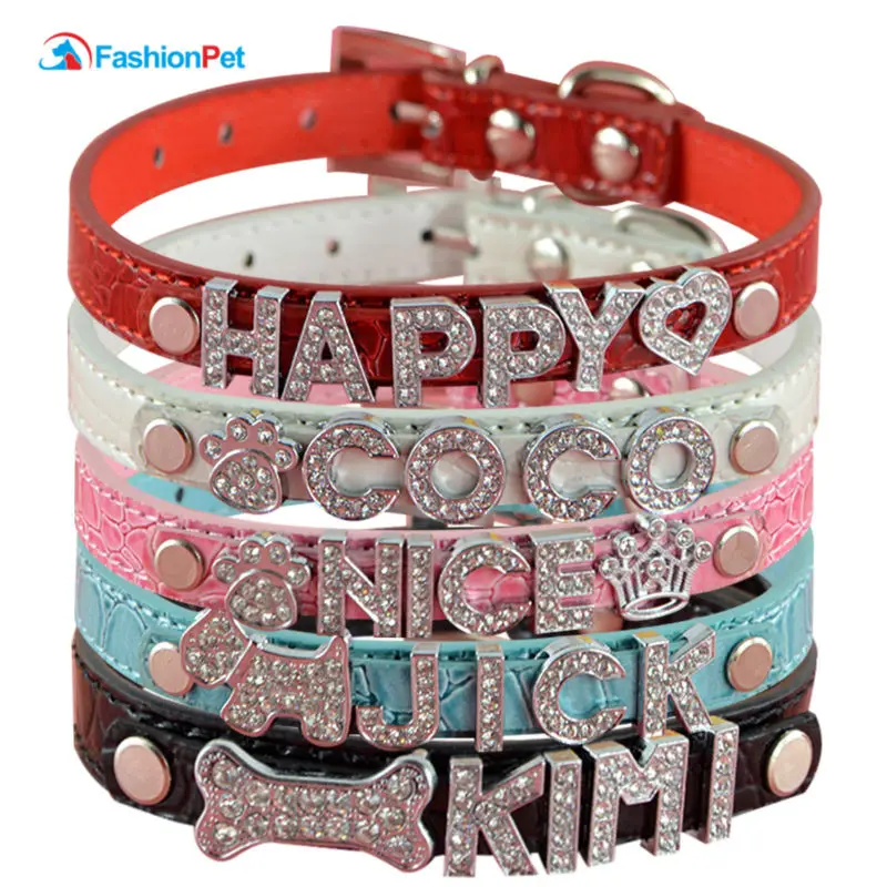 5 Colors 4 Sizes Crocodile Pu Leather Dog Collars Rhinestone Name Charms Personalized Dog Cat