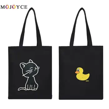 

Lovely Cartoon Print Women Canvas Shoulder Bag Zipper Casual Black Top-handle Tote Bag torebki damskie generous, simple fashion