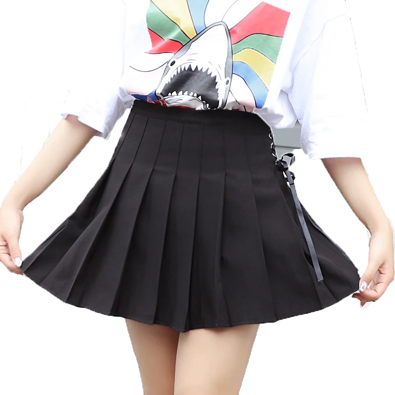Шнуровка Милая плиссированная мини-юбка в стиле преппи милые Для женщин Saia Faldas Harajuku школьная форма юбка женская юбки - Цвет: Черный