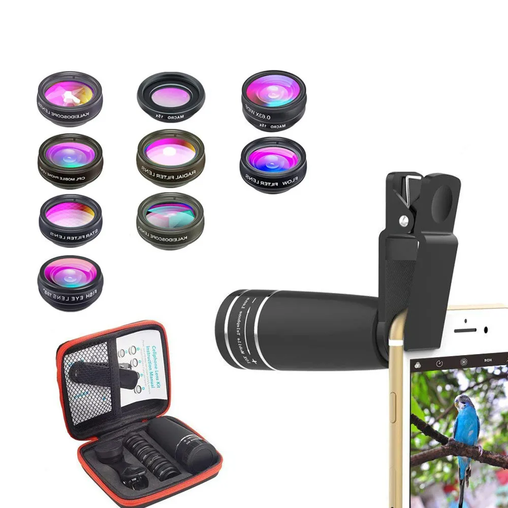 

10 in 1 Mobile Phone Lens Telephoto Fisheye Wide Angle Macro Lens + LC / Flow / Radial / Star Filter for all smartphones