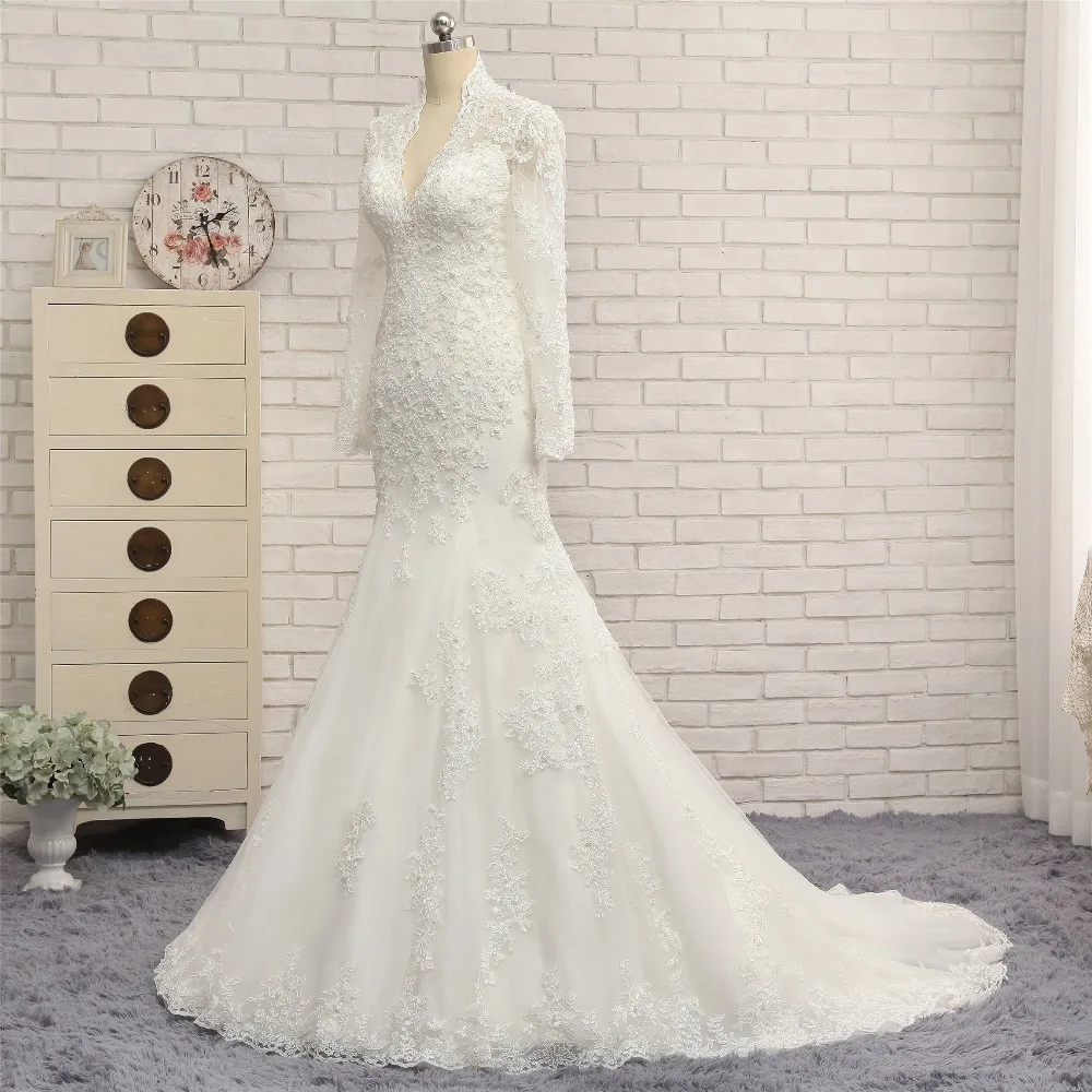 Aplikasi Baru Lengan Panjang Gaun Pengantin 2018 Baru Tulle