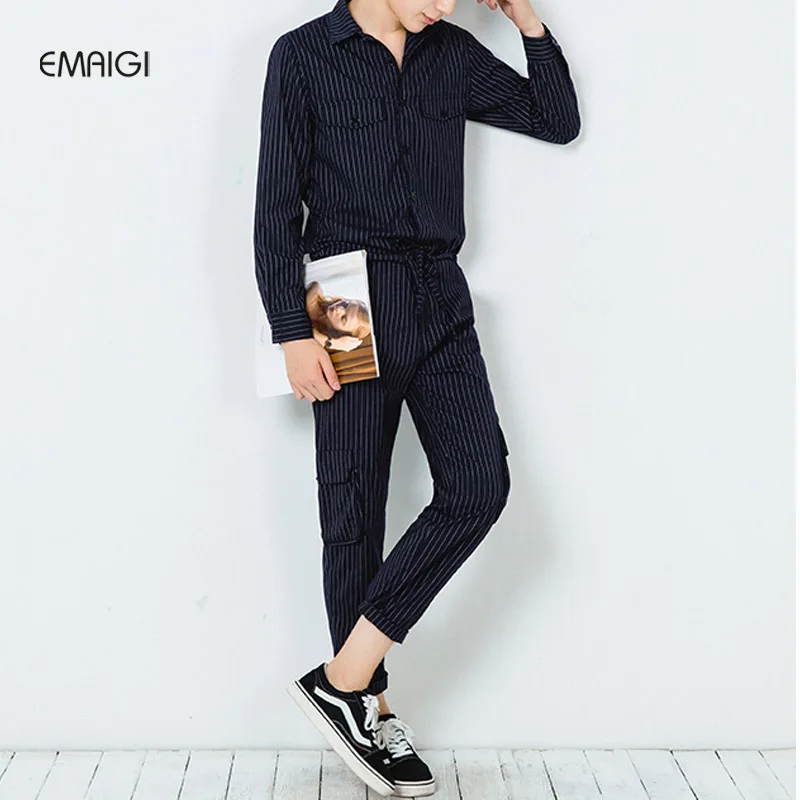

Men long sleeve overalls mens spring autumn fashion striped harem pants streetwear male casual trousers jumpsuits K169