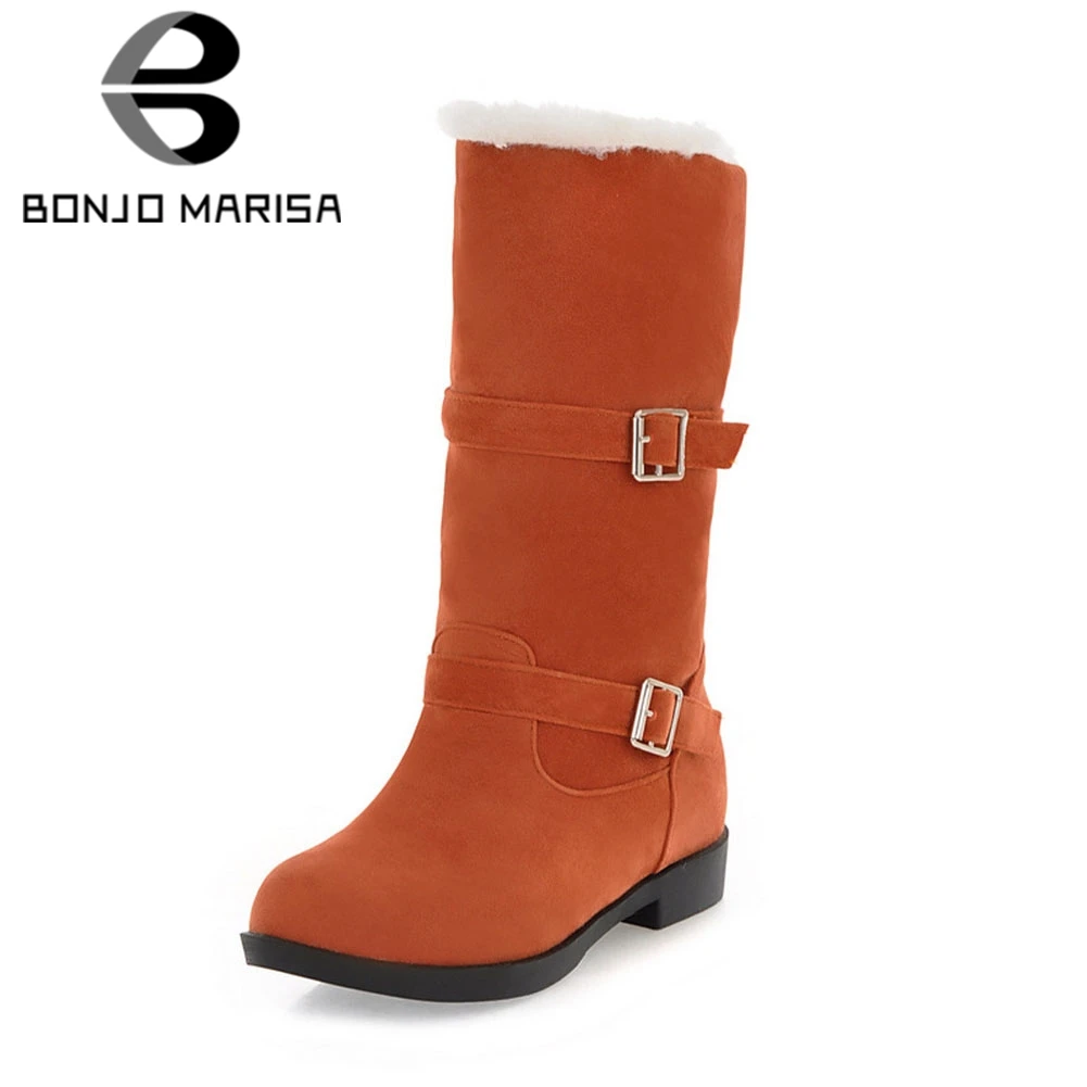 

BONJOMARISA New Big Size 34-40 Snow Boots 2019 Belt Buckle Slip On Shoes Woman Casual women's Winter Warm Mid Calf Boots Black