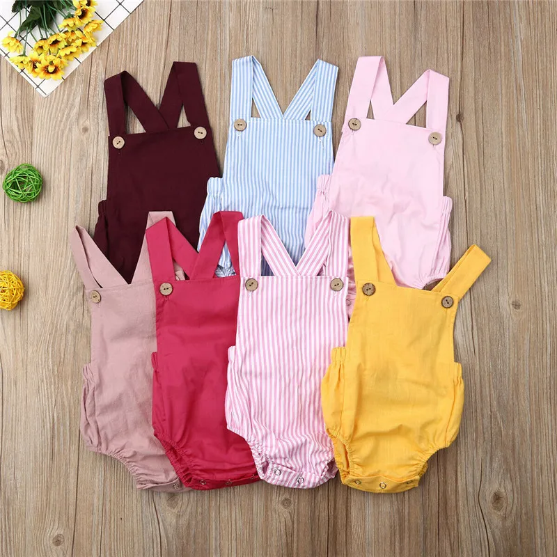 Newborn Baby Boy Girl Romper Sunsuit 7Colors Button Blue Striped Solid Jumpsuit Summer Outfit Clothes | Мать и ребенок