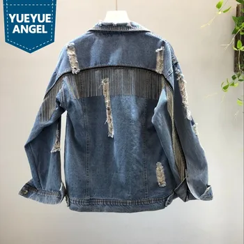 

Tassel Chain Denim Jacket Womens Frayed Hole Fashion Streetwear Lapel Short Jean Coat Brand Casual Blue Harajuku Overcoat Autumn